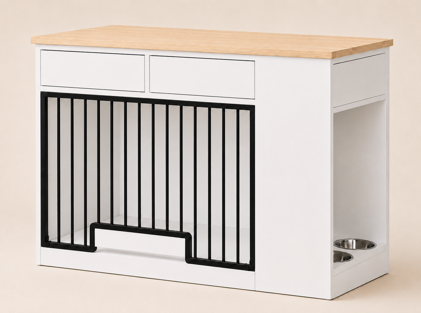 Canis Luxe Entry Table in Ivory + Oak — white lacquer body with natural oak top.
